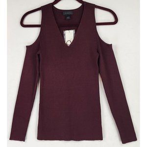 Saks Fifth Avenue Shirt Womens Small Burgundy Supersoft V Neck Cold Shoulder Top